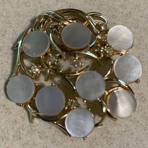 Vintage gold tone abalone type circles and rhinestone broach (359)